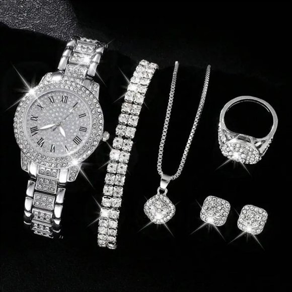 Accessories - Luxury Rhinestone Quartz Watch Hiphop Fashion Analog Wrist Watch & 6pcs Jewelry